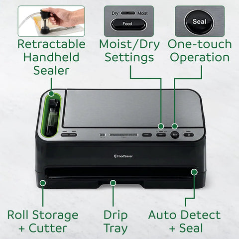 Heavy Duty 2 In 1 Vacuum Sealer Machine With Automatic Bag Detection And Starter Kit controls and features listed on unit