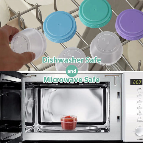 Leakproof Salad Dressing Containers To Go With Lids 6 Pack 2.7 Oz Small Sauce Jars in dishwasher and microwave safe display