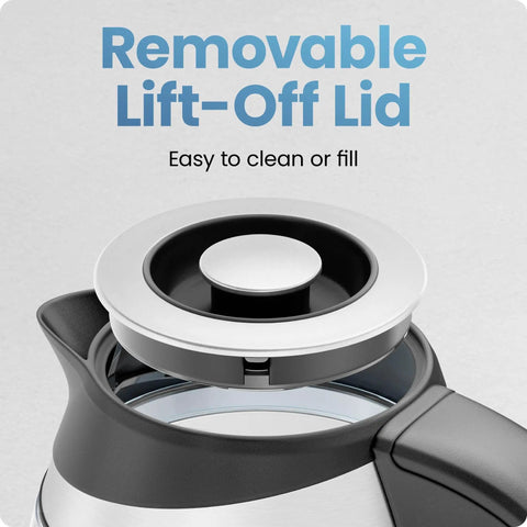 Close-up of removable lid on Electric Kettle With Temperature Control And Removable Infuser, Glass 1.8L, BPA Free Stainless Steel