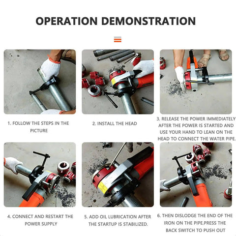 Portable Electric Pipe Threader Kit With Super Workhorse 2000 Watt Motor And Hardened Steel Dies For Easy One Half To Two Inch Cuts Plus Swap In Heads For Rock Solid Construction Work Built Tough And Ready To Roll operational steps demonstrating use on metal pipes.