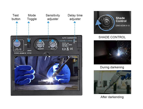 Auto Darkening Welding Helmet With Gloves showing controls and view during welding, solar or battery powered, side views.
