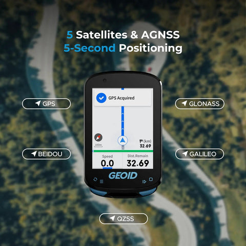Color Screen Cycling Computer With Wireless GPS Navigation And Reroute Planning displaying GPS and satellite data.