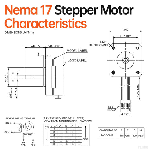 Technical drawing of NEMA 17 stepper motors 10-pack with wiring diagram, dimensions, and labels for CNC and 3D printer projects.