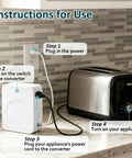 Instructions for using 2000W Step Up Voltage Converter Transformer 110V To 220V with toaster on kitchen counter.