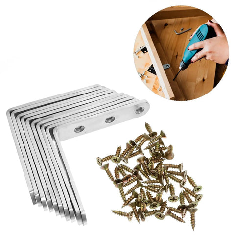 Stainless Steel L Shaped Corner Bracket For Furniture Fixing With Screws, Heavy Duty 90 Degree Angle Plate Bracket, Built Solid Cabinet And Table Support For Home Or Factory Use, shown in use with drill
