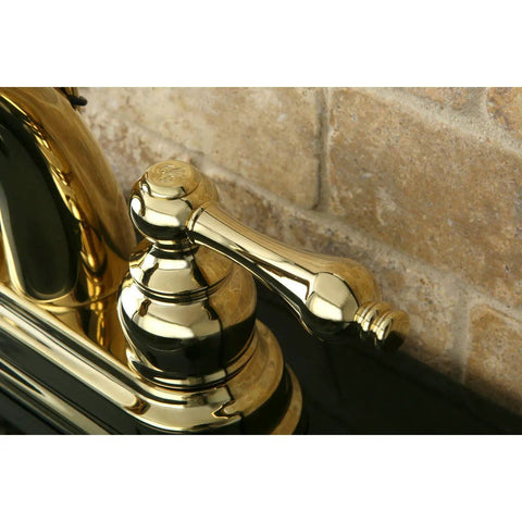 Close-up of Restoration Style 4-Inch Centerset Lavatory Faucet in Polished Brass, deck mount 3-hole install, solid brass lever handle.