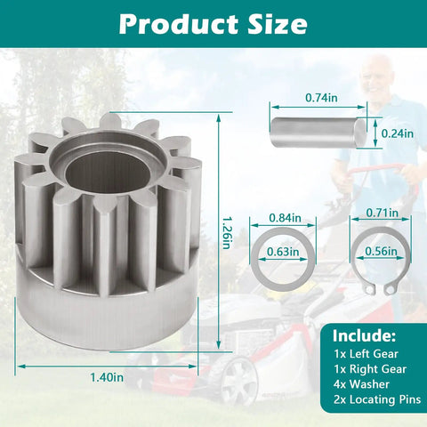 Left And Right Side Wheel Drive Pinion Replacement Gear Kit For 42 Inch Lawn Sweepers size chart with measurements and included parts.