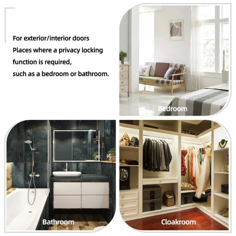 Collage showing bedroom, bathroom, and cloakroom uses for 8 Pack Privacy Door Knobs Matte Black Interior Passage Lock Set Keyless Round Doorknobs For Bedroom And Bathroom Includes Hardware And Instructions Easy To Install No Fuss.