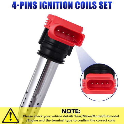 Close-up of Four Pack 2.0T Ignition Coil Pack connector for Audi A4 A6 TT CC Passat GTI 2006-2016 with warning note