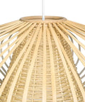 Close-up of wicker Handwoven Bamboori Discus Pendant Lamp in Natural Brown, 18 Inch Diameter, adjustable 70 Inch cord visible