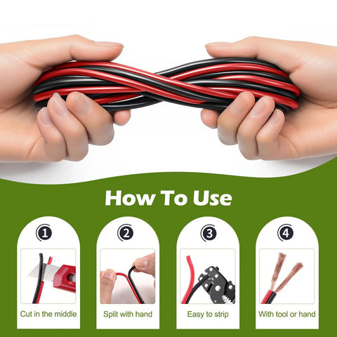 Hands holding 40 Ft 18 Gauge Two Pin Red And Black LED Strip Extension Cable For 12V And 24V DC Wiring Flexible Wire Extension Cord For LED Ribbons Lamps Tape Lighting Built For DIY Home Or Car Projects with usage instructions.