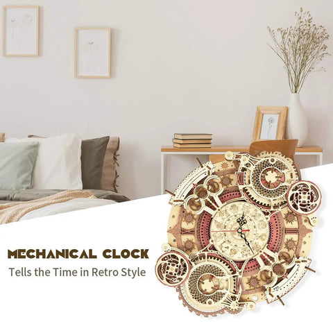DIY 3D Wooden Puzzle Clock Kit With 168 Pieces, Mechanical Model For Home Decor, Wall Clock With Roman Numerals, Vintage Dip Dye Finish, Quartz Movement, Awesome Gift For Teens And Adults, Easy Self Assembly on bedroom wall