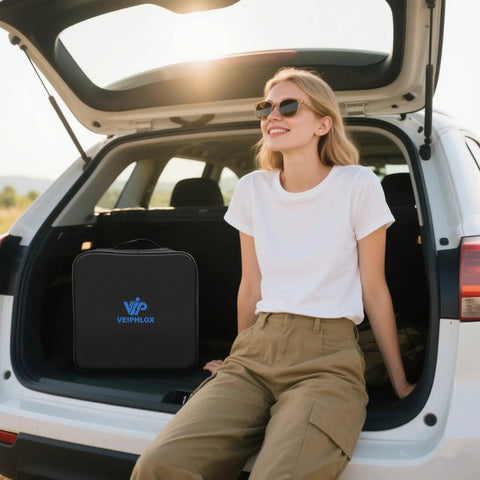 Woman with sunglasses sitting in car trunk showcasing Portable J1772 EV Charger Level 1 And 2 With 25Ft Cable For Outdoor Use