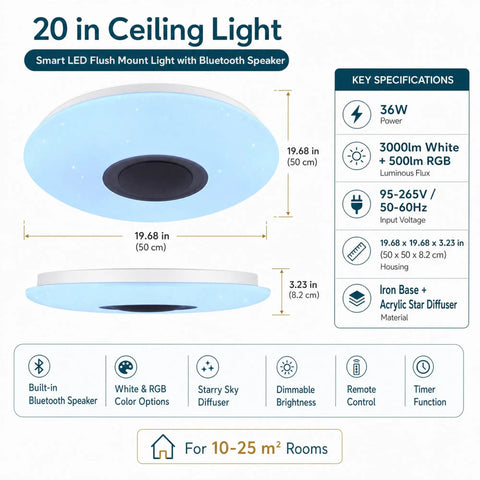 Smart Ceiling Light With Bluetooth Speaker 19.7 Inch 36W Dimmable 95 To 265V Energy Saving details and specifications