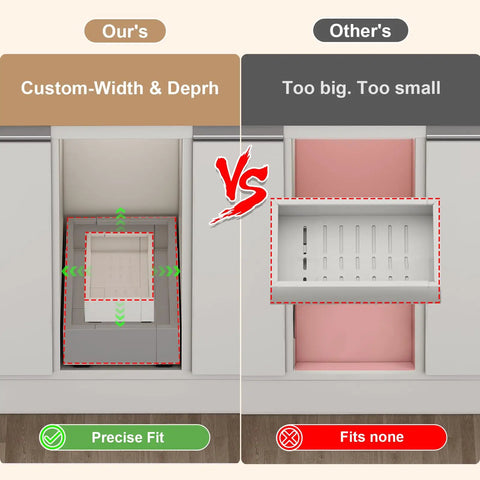 Comparison image of Total Game Changer Expandable Pull Out Cabinet Organizer showing precise fit vs too big or small.