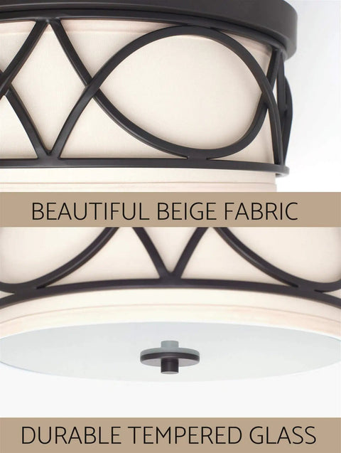 Close-up of the Super Sleek Modern 13 Inch Two Light Flush Mount Ceiling Light With Metal Drum Shade And Cream Inner Shade