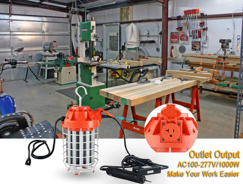 60W LED Temporary Work Light With 8400 Lumen Output, 5000K Daylight Glow in a workshop setting with plug and hook