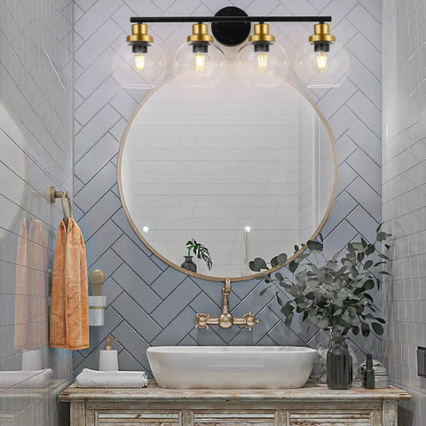 4 Light Vintage Style Bathroom Vanity Light Fixture With Clear Globe Glass Shades, Black And Brass Gold Accents, 28 Inch Long