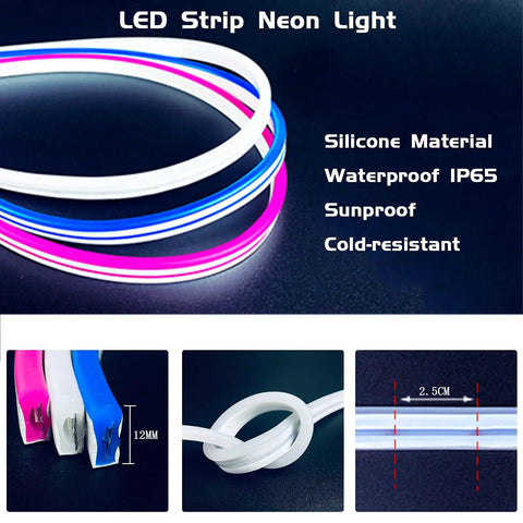 Pink 12V Waterproof LED Silicone Neon Light Strip Rope Light 16.4 Ft 5m Cuttable for Indoor Outdoor Use with Power Adapter Included