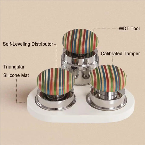 Dope Espresso Coffee Tamper Set With Self Leveling Distributor And Wdt Tool For Dead On Puck Prep Calibrated 58 Mm Pro Grade Tamper on silicone mat.