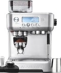 Daily Grind Premium Stainless Steel Espresso Machine With Reliable Built In Grinder And Manual Steam Wand For Killer Lattes and Effortless Morning Rituals At Home, featuring built-in grinder and LCD screen.