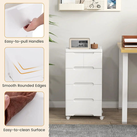 Five Drawer Rolling Storage Cart On Wheels White Plastic Organizer For Home Office And Living Room Mobile Cabinet