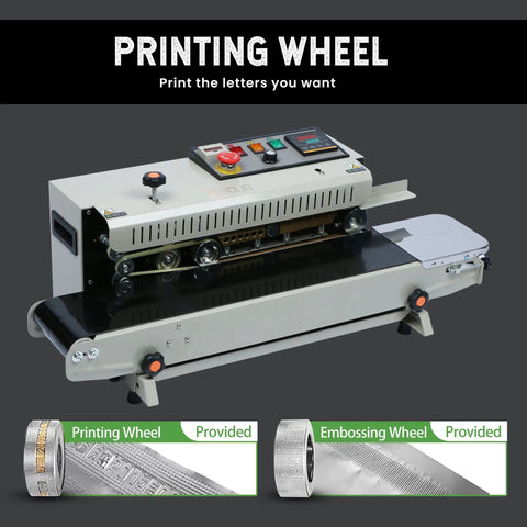 Continuous Bag Band Sealer With Digital Temperature Control For 0.02 To 0.08Mm Pvc Film Industrial Packaging Equipment showing printing wheel and embossing wheel.