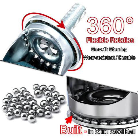 Close-up of Tough As Nails Silent Roll Caster Wheels with M10/M12 thread and built-in steel ball for smooth glide.