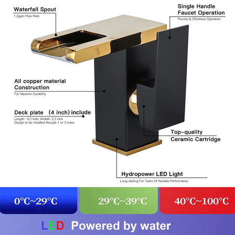Lit Waterfall Style LED Bathroom Faucet in Black and Gold, 3 Color Changing Spout, Single Handle Lavatory Sink Faucet