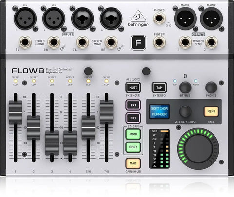 Front view of Flow 8 8 Input Digital Mixer with Bluetooth App Control, USB Audio Interface, 60 mm Channel Faders