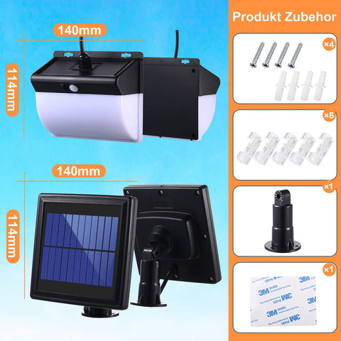 Solar Motion Lights Outdoor With Split Solar Panel showing size 140x114mm with accessories displayed nearby.