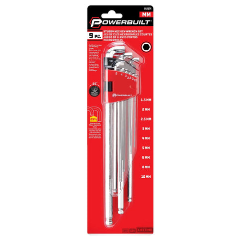Retail package of Gnarly Stubby Long Arm Ball End Hex Key Set 9 Piece Metric Allen Wrench Kit One Point Five To Ten Millimeter.