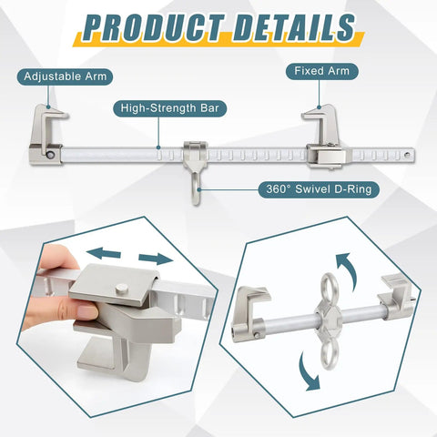 Heavy Duty Sliding Horizontal Beam Anchor For I And H Beams, Adjustable Fall Protection Rig Built Tough With Rock Solid Steel Cast, Glides Smoothly On Wide Flanges Ideal For Rooftop Crews And Job Site Safety, showing adjustable arm and fixed arm.