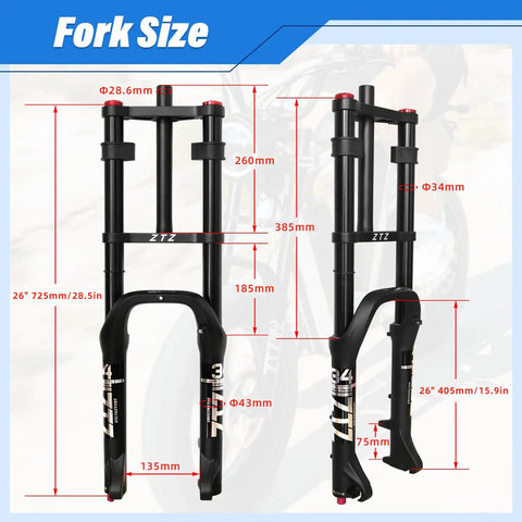 26 Inch Fat Tire Front Fork With Air Suspension For Mountain Bikes, 180mm Travel, 135mm Hub, Straight Steerer, Size Diagram