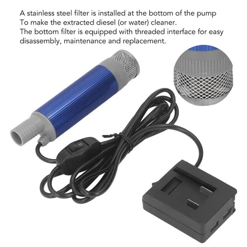 Heavy Duty 12V Electric Submersible Pump For Water And Oil Transfer With Built In Bottom Filter Stainless Steel Build Fits Standard 5.1 Cm Drums showing the stainless steel filter and control switch.