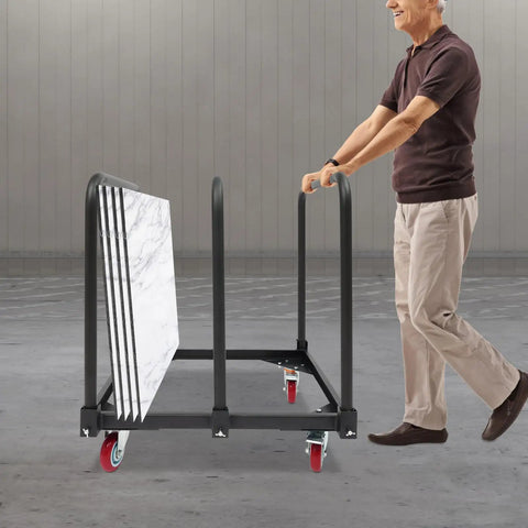 Heavy Duty 3 Pole Panel Cart With 200 Lbs Capacity Folding Table Truck And Locking Swivel Wheels for plywood moving by an older man.