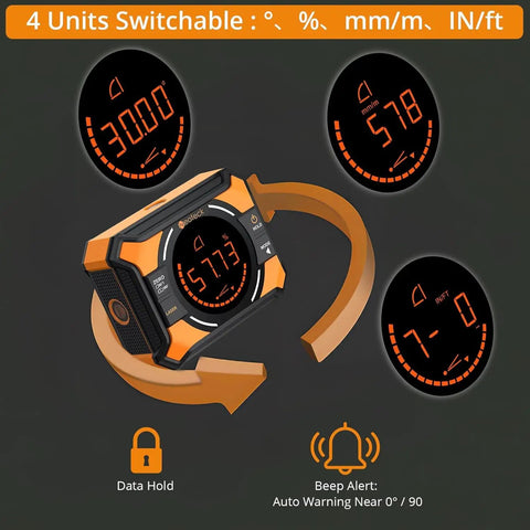 Dual Laser Digital Angle Finder With LED Display, Handy Pro Grade Inclinometer For Woodworking And Construction, Versatile 4 By 90 Degrees Or 2 By 180 Degrees Range, Accuracy About 0.1 To 0.2 Degrees, Class 2 Safe Output, orange digital display