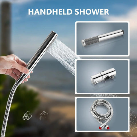 Outdoor Shower Kit With 8 Inch Rainfall Head, Handheld Sprayer, Exposed Shower Pipe, Two Handle Faucet, silver handheld sprayer