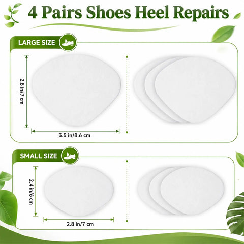 Straight Up Fix For Tattered Soles, 8 Piece White Microfiber Shoe Repair Patches in large and small sizes displayed.