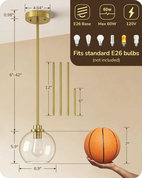 Dope Farmhouse Pendant Light With Adjustable 48 Inch Pipe Kit shown with bulb size comparison and measurement details