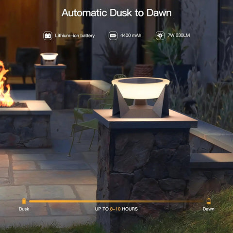 Weather Resistant Solar Post Lights For Yard And Patio Smooth Automated Dusk To Dawn Glow on stone pillar with ambient lighting.