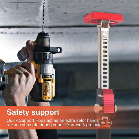 Person using drill with Third Hand Adjustable Support System Cargo Bar for Truck Bed and Drywall Extends 35 to 63 Inches
