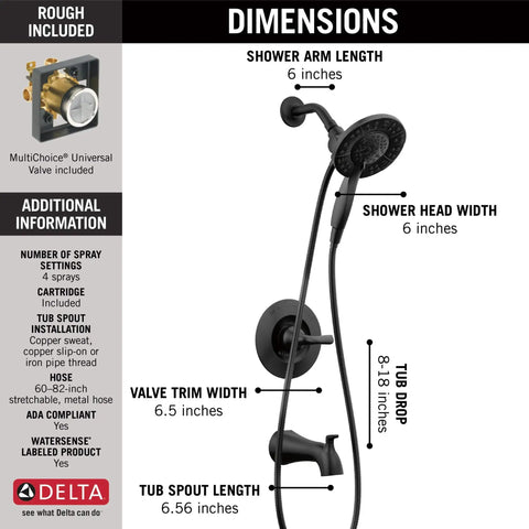 Slick Matte Black Bathtub Shower Faucet Set With 2-In-1 Dual Shower Head And Handheld Spray Combo dimensions showing valve and hose sizes