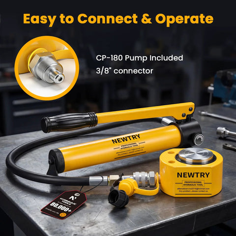 NEWTRY 20-ton low-profile hydraulic porta power kit with CP-180 pump; front view shows yellow components.