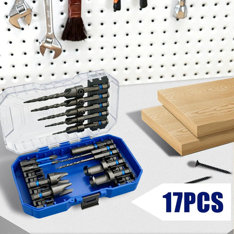 Boss Quality 17 Piece Countersink Drill Bit Set With Hex Shank Wood Plug Cutters in a blue case with wooden boards and screws.