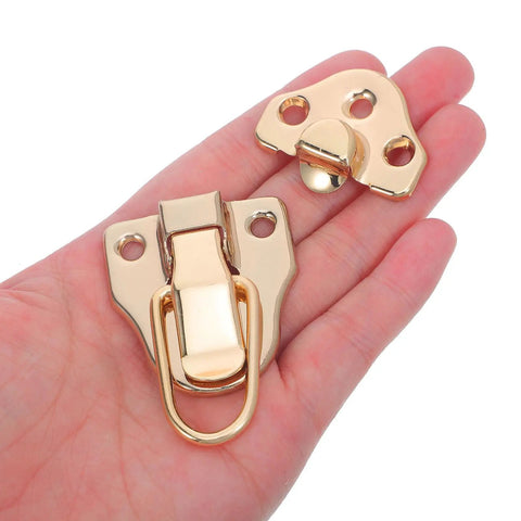 Duckbilled Toggle Buckle Hasp Latch Hardware for Wood Boxes Tool Chests and Jewelry Cabinets, golden clasp in hand