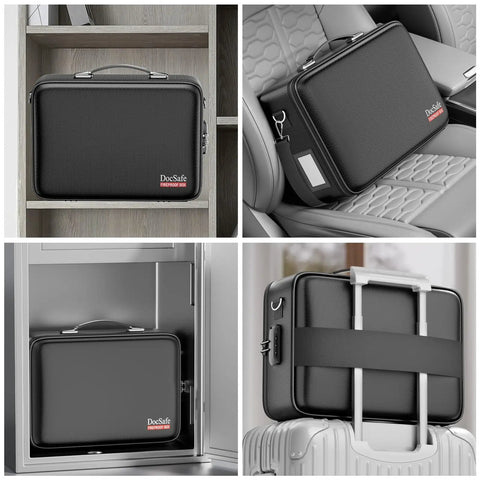 Fireproof Document Box With Lock And Hard Shell Organizer in various settings, showcasing its portability and rugged build.