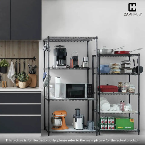 Top Shelf Heavy Duty 5 Tier Wire Shelving Rack With Smooth Rolling Wheels And Quick Adjust Leveling Feet For Tough Kitchen Or Shop Setup Game Changer in a modern kitchen.