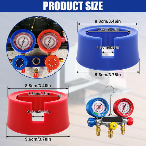 Gotta Have These Premium Rubber HVAC Gauge Boots That Fit Tight Around 3 1/8 Inch AC Manifolds To Shield Prized Refrigerant Dials From Rough Drops Solid Shop Quality Pack Of Two sizes shown with measurements.
