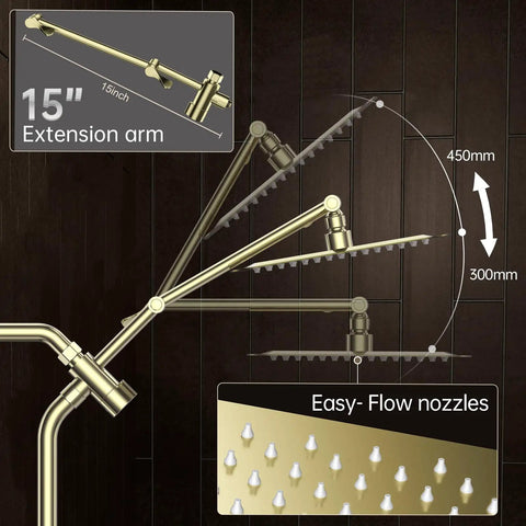 15-inch extension arm details for Top Grade 10 Inch Brushed Gold Rainfall Shower Head With Adjustable Handheld Sprayer.